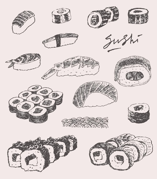 Hand drawn vector illustration of sushi set