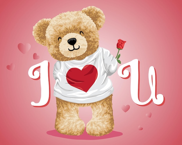 Vector hand drawn vector illustration of teddy bear in apparel with heart picture holding flower