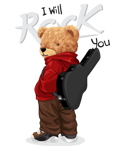 Hand drawn vector illustration of teddy bear carrying guitar case