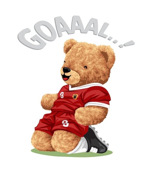 Hand drawn vector illustration of teddy bear celebrating goal in soccer game