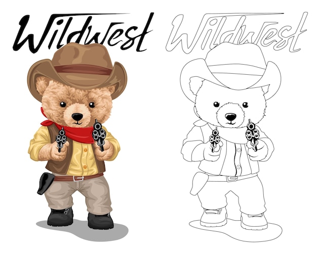 Hand drawn vector illustration of teddy bear in cowboy costume with gun coloring book or page