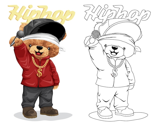 Illustrazione vettoriale disegnata a mano di orsacchiotto in costume hip hop che tiene microfono