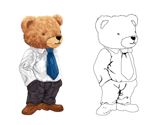 Vector hand drawn vector illustration of teddy bear in suit coloring book or page
