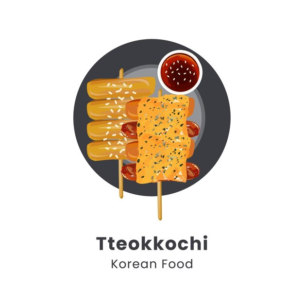 Vector hand drawn vector illustration of traditional korean street food rice cake skewers or tteokkochi