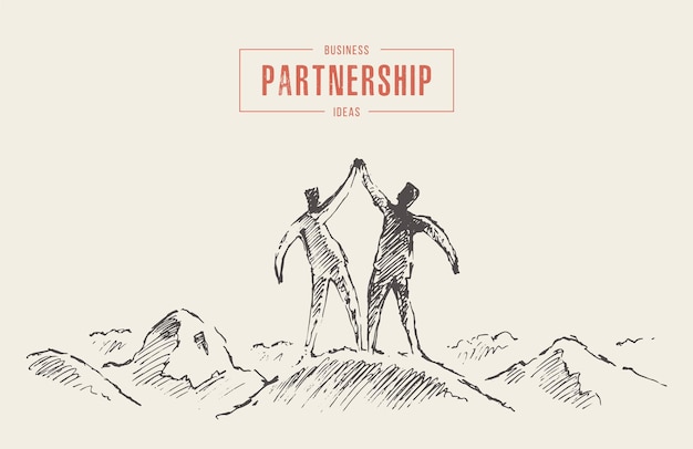 Hand drawn vector illustration of a two a successful climbers on a mountain