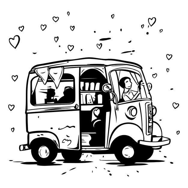 Hand drawn vector illustration of a vintage van with a couple in love