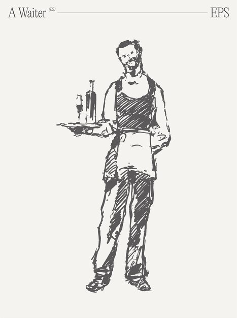 Hand drawn vector illustration of a waiter is holding a tray with a bottle of wine isolated sketch