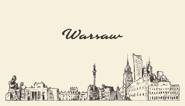 Hand drawn vector illustration of Warsaw skyline, Poland