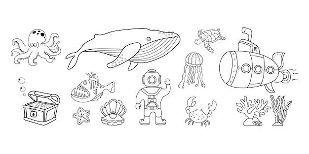 Hand drawn vector illustration of The wonderful life underwater deep sea creatures.