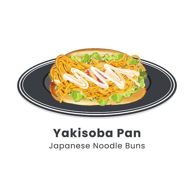 Vector hand drawn vector illustration of yakisoba pan japanese noodle sandwich