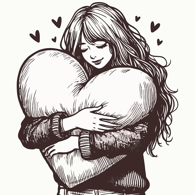 Ручная векторная иллюстрация молодой женщины, обнимающей большую подушку в форме сердца