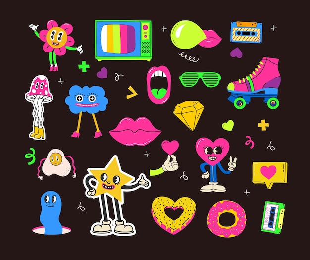 ベクトル 様々 なレトロなパッチ ピン スタンプやステッカーのセットの手描きベクトル イラスト