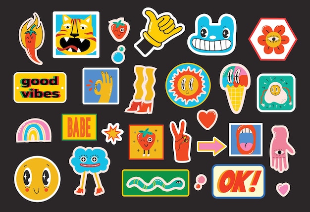 Hand drawn Vector illustrations of Set of Various patches, pins, stamps or stickers with abstract funny cute comic characters.