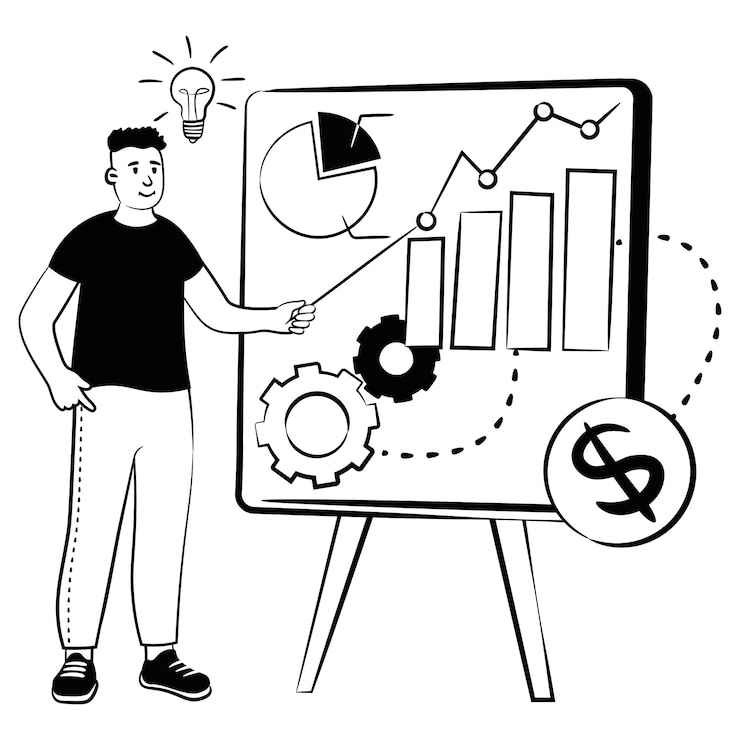 वेक्टर hand drawn vector image of man who shows new ideas for for business development