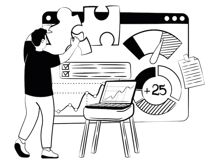 Vector hand drawn vector image of manager who man builds profit strategy