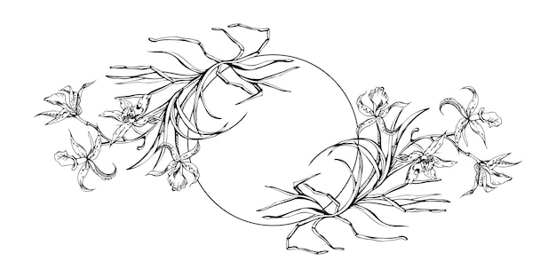 Hand drawn vector ink orchid flowers and branches monochrome detailed outline Circle wreath composition Isolated on white background Design for wall art wedding print tattoo cover card
