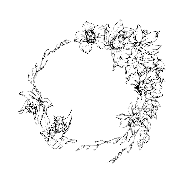 Vector hand drawn vector ink orchid flowers and branches monochrome detailed outline circle wreath composition isolated on white background design for wall art wedding print tattoo cover card