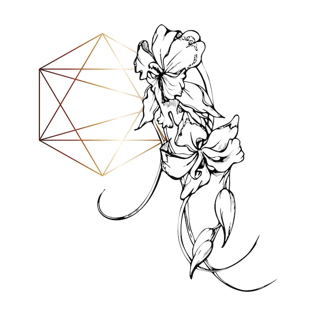 Vettore disegnato a mano inchiostro fiori di orchidea e rami contorno dettagliato monocromatico composizione con forma di cristallo isolato su sfondo bianco design per la carta di copertina del tatuaggio stampa matrimonio arte della parete