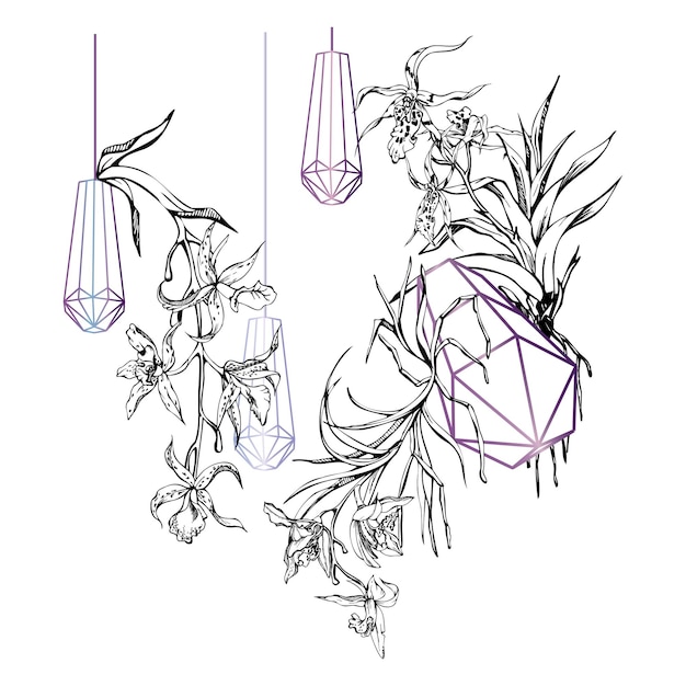 hand drawn vector ink orchid flowers and branches monochrome detailed outline composition with crystal form isolated on white background design for wall art wedding print tattoo cover card