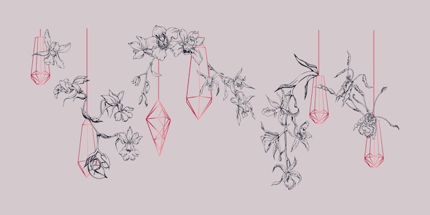 hand drawn vector ink orchid flowers and branches monochrome detailed outline composition with crystal form viva magenta color design for wall art wedding print tattoo cover card