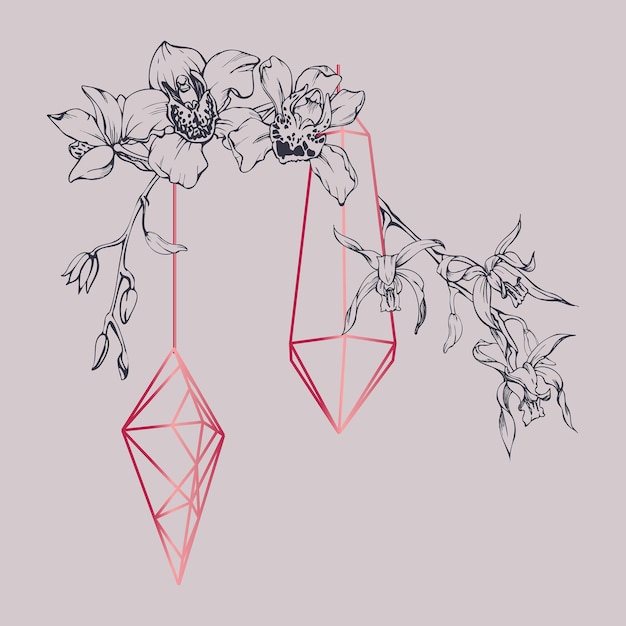 hand drawn vector ink orchid flowers and branches monochrome detailed outline composition with crystal form viva magenta color design for wall art wedding print tattoo cover card