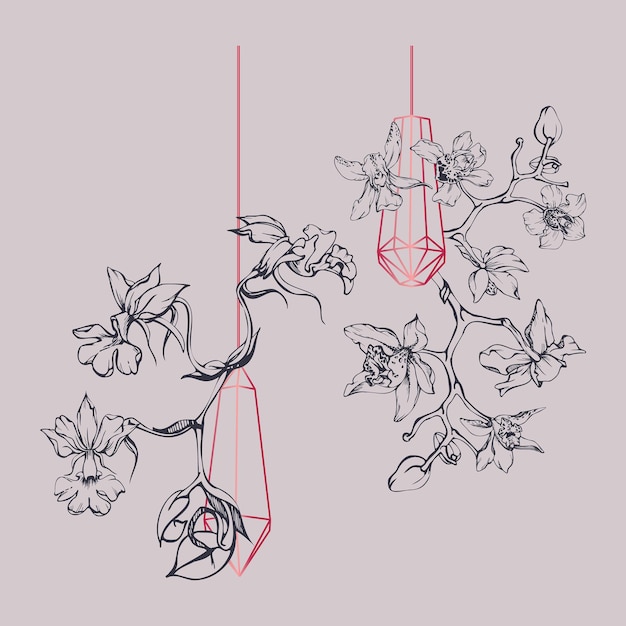 hand drawn vector ink orchid flowers and branches monochrome detailed outline composition with crystal form viva magenta color design for wall art wedding print tattoo cover card
