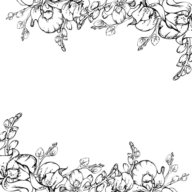 Hand drawn vector ink orchid flowers and branches monochrome detailed outline Square frame composition Isolated on white background Design for wall art wedding print tattoo cover card