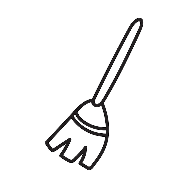 Hand drawn vector isolated flying broom icon. Black outline illustration of witch broom. Witchcraft aesthetic tools.