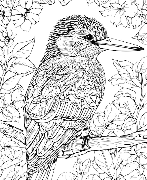 hand drawn vector kingfisher on a branch coloring book illustration