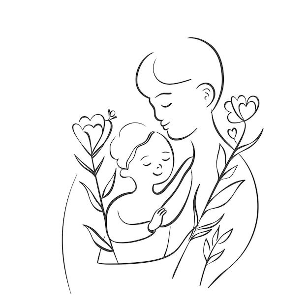 Hand drawn vector line art mother and kid