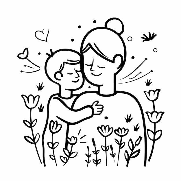 Hand drawn vector line art mother and kid