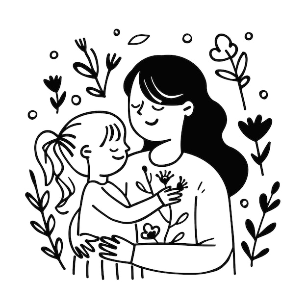 Hand drawn vector line art mother and kid