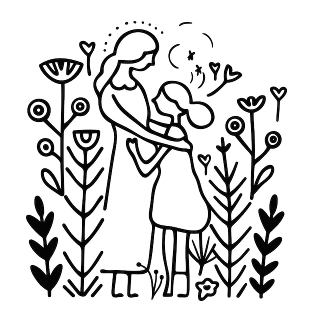 Hand drawn vector line art mother and kid