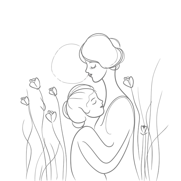 Hand drawn vector line art mother and kid