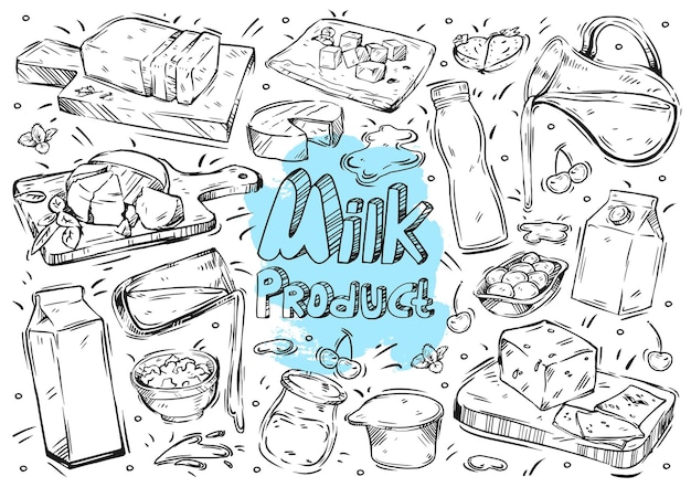 Hand drawn vector line illustration food and drink Doodle milk product milk yogurt cheese butter cottage cheese whey ingredients kefir packaging