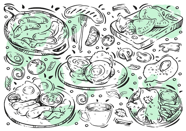 Ручная рисованная векторная линия иллюстрации еды на белой доске Doodle Британская кухня рыба с жареным картофелем английский завтрак педики корнуоллская пастообразная жаба в отверстии чай шотландское яйцо жареные колбаски