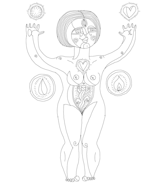 Hand drawn vector lined illustration of nude woman, mother love concept. Fertility theme, goddess metaphor.