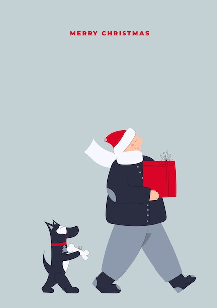 ベクトル 手描きのベクトルメリークリスマスとクリスマスセールからクリスマスギフトボックスを運ぶ赤ちゃんと犬と新年あけましておめでとうございますポストカード