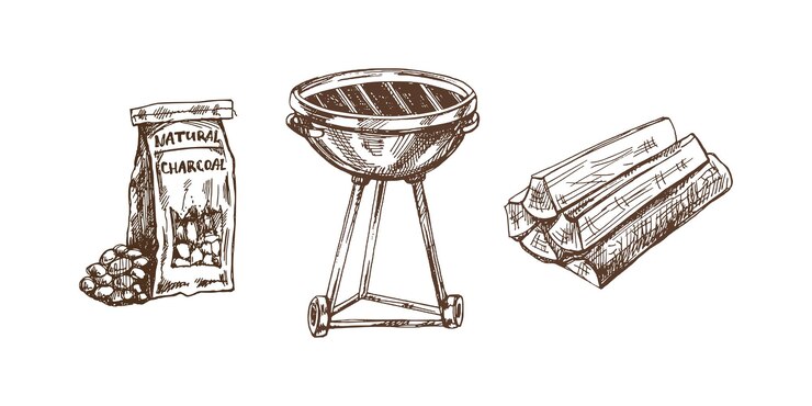 Vector hand drawn vector monochrome sketch of barbecue grill charcoal and firewood on white background