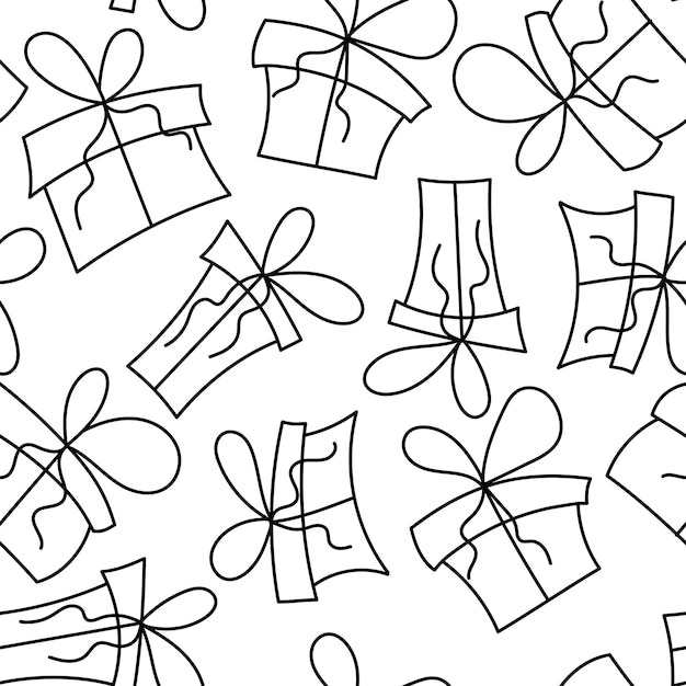 Hand-drawn vector pattern in doodle style with gift boxes.