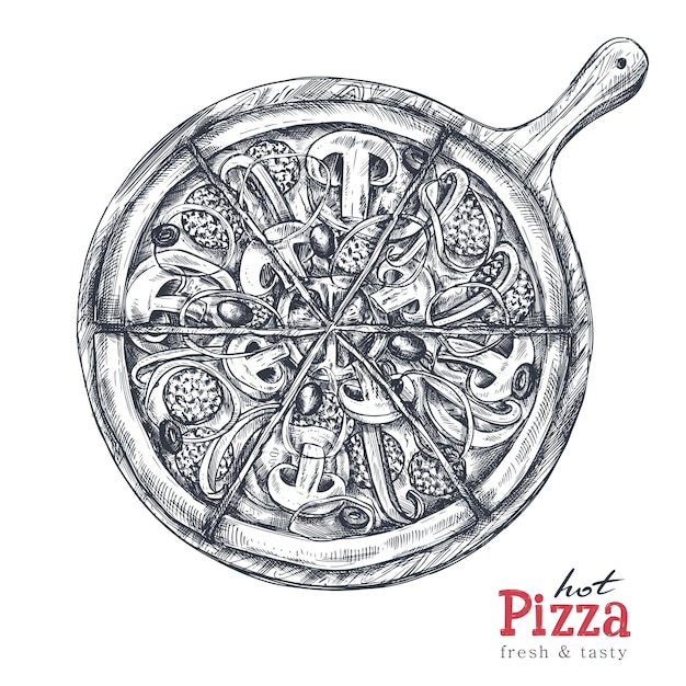 스케치 스타일의 손으로 그린 벡터 피자 보드에 있는 전체 피자의 전통적인 이탈리아 음식 그림