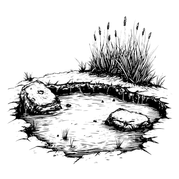 Vettore disegnato a mano lagno e lago paludoso paesaggio con pietre di erba piattaforma e terreno elemento di natura e foreste e acqua