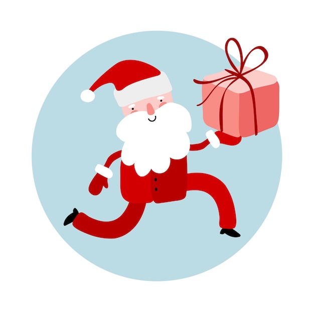 손으로 그린된 벡터 산타 클로스 선물 상자와 함께 실행 재미 메리 크리스마스 시간 그림 인사말 카드, 가방