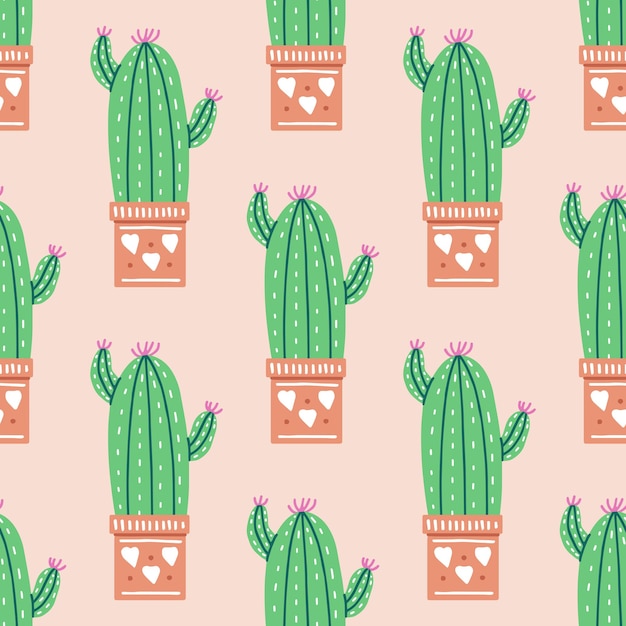 Hand drawn vector seamless pattern of cactus in colorful ceramic pot