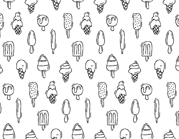 Hand drawn vector seamless pattern of ice cream on a white background Design elements