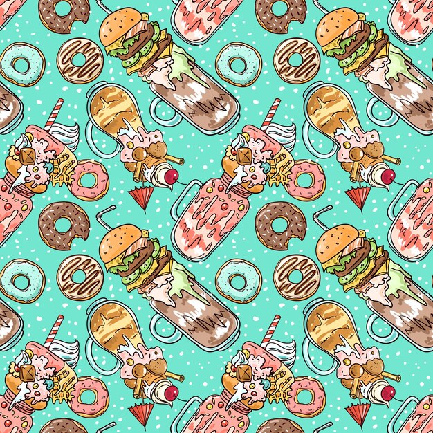 Vector hand drawn vector seamless pattern monster shake food sketching