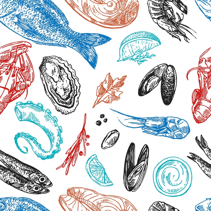 Vector hand drawn vector seamless pattern sea food vintage sketch style good for menu and