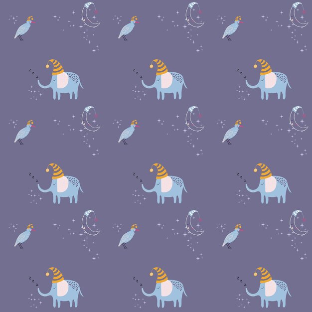 Hand drawn vector seamless pattern with cute sleeping elephant