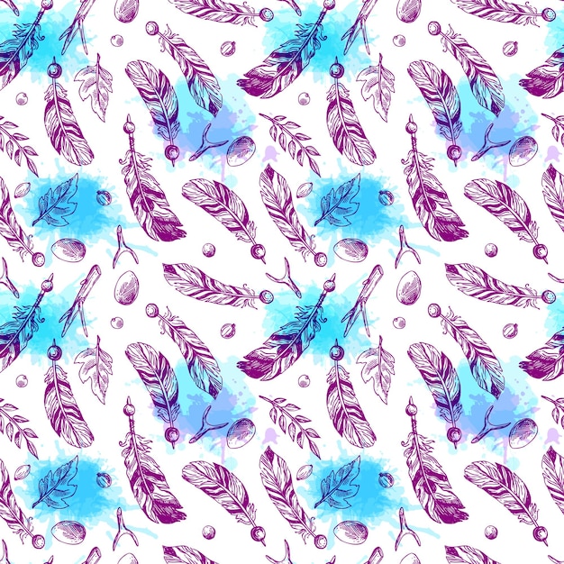 hand drawn vector seamless pattern with feathers boho style drawing