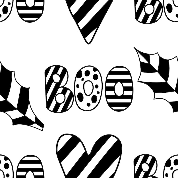 黒と白のハロウィーンの要素を持つ手描きのベクトルのシームレスなパターン
